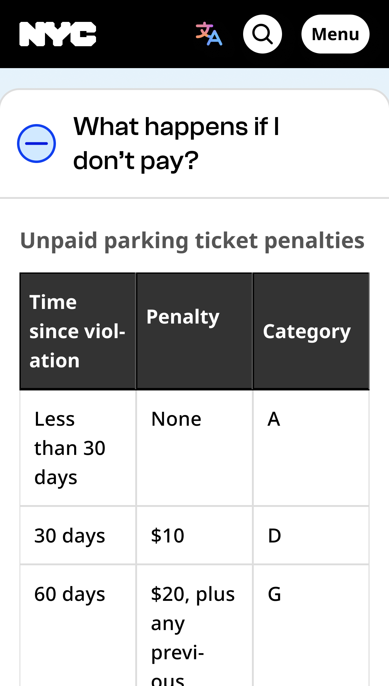 Mobile nyc.gov screenshot showing a table inside an accordion. The first column is narrow, so the text "Time since violation" is split onto three lines, with a hyphen in the middle of "violation."